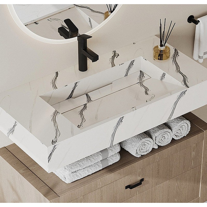 Umywalka podwieszana TAKOTNA z twardego materiału marmuropodobnego w kolorze białym – 90,2 × 45,2 × 8 cm (dł. × szer. × wys.)