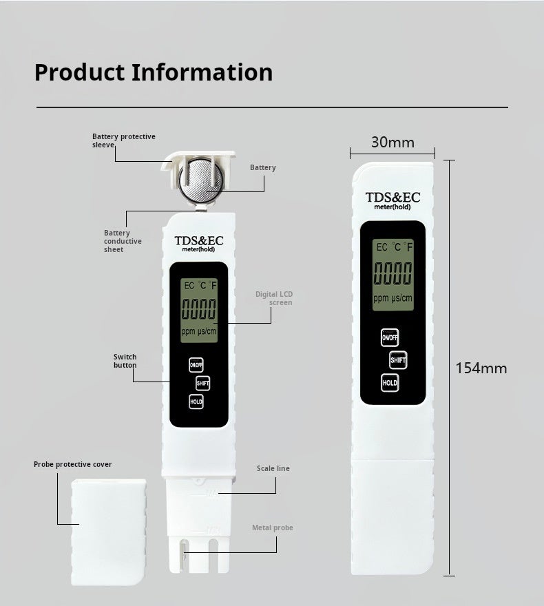 Tester per acqua TDS 4 in 1 - TDS EC e termometro (°C, °F), kit per test della qualità dell'acqua acqua potabile,acqua del rubinetto,pozzo, piscina - 4