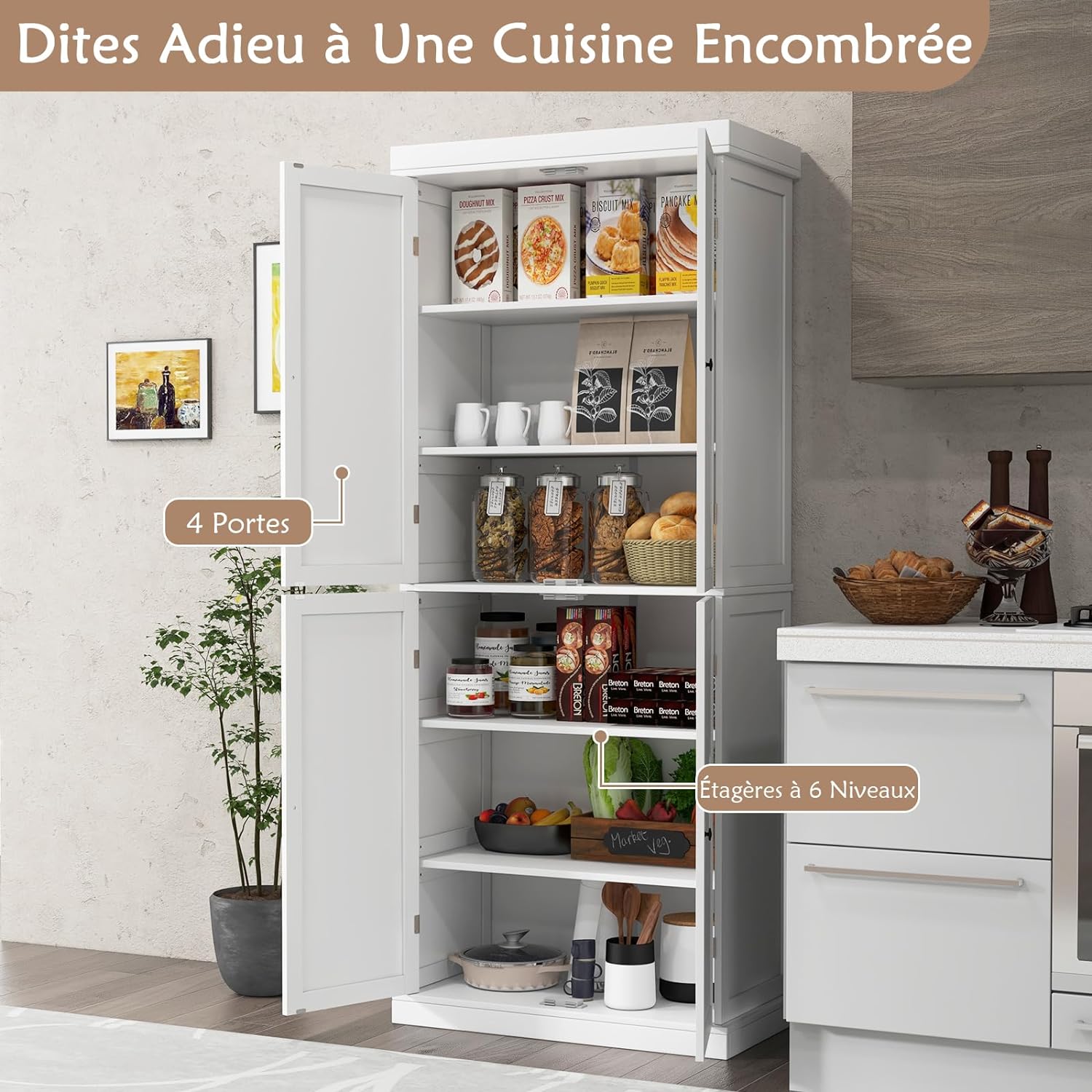 Armario Alto de Cocina Con 4 Puertas y 6 Estantes Ajustables, de Despensa, Buffet, Baño y Almacenamiento Para Cocina, Salón, Color Blanco - 4