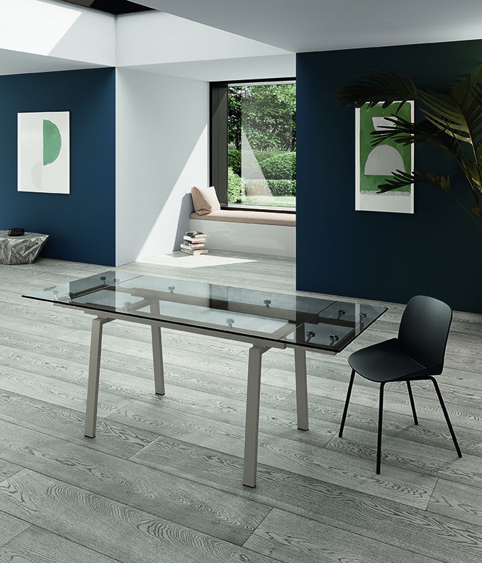 Tommy - Stół rozkładany (140/200 x 80 cm) ze szkła hartowanego w kolorze gołębiej szarości