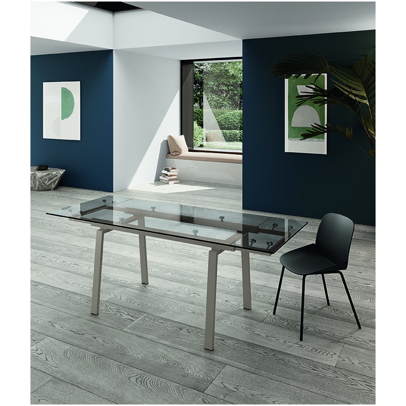 Tommy - Stół rozkładany (140/200 x 80 cm) ze szkła hartowanego w kolorze gołębiej szarości