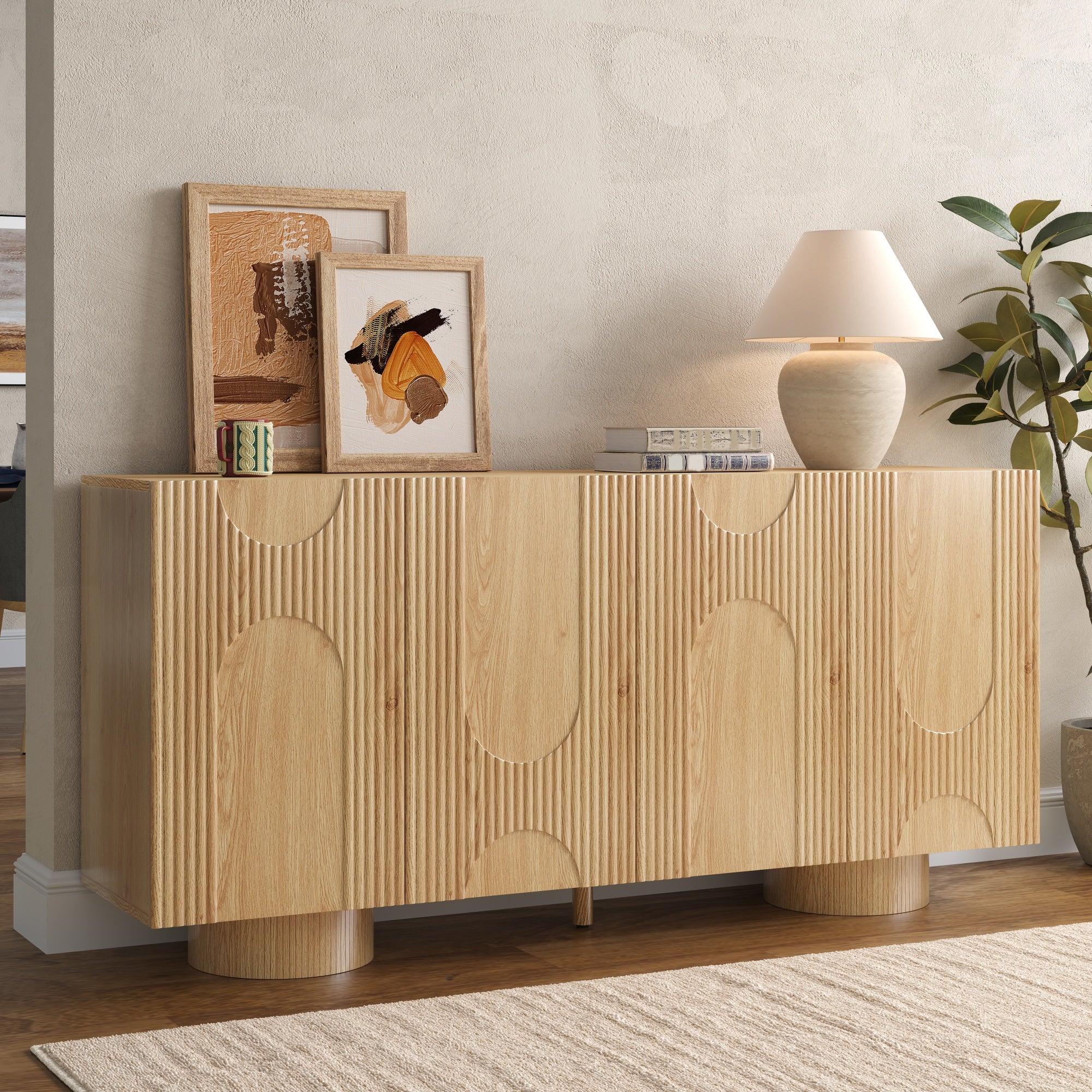 Komoda niska z 4 drzwiami i regulowanymi półkami - MDF + Bambus + Sosna - 160 × 38,5 × 76 cm - Drewno naturalne - 8