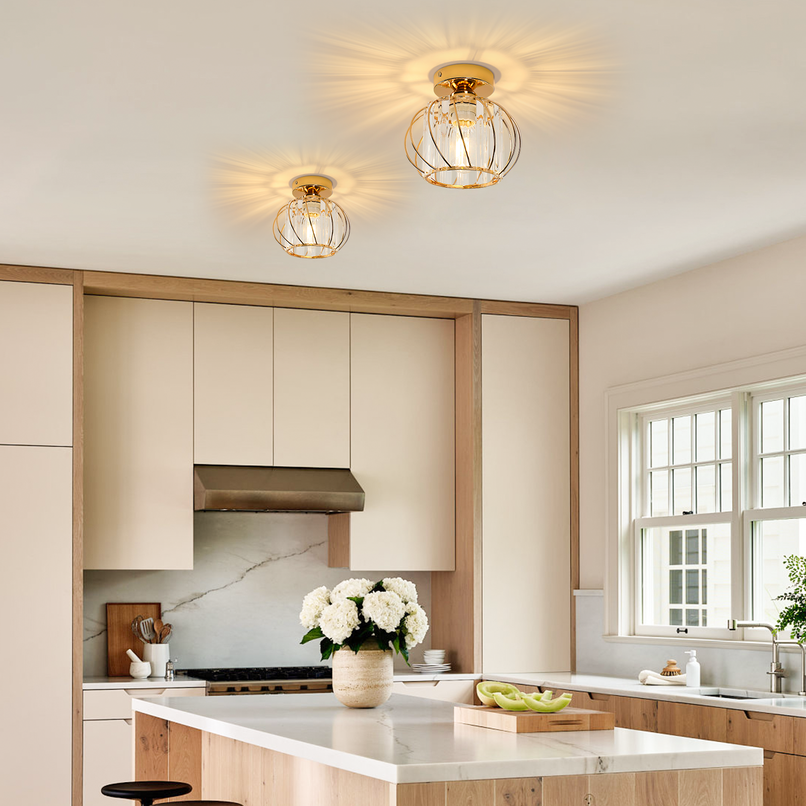 GOECO Plafonnier Cristal Doré en Métal, Luminaire Plafond E27 Rond Ø19cm pour Salon Chambre Couloir Intérieur - 6