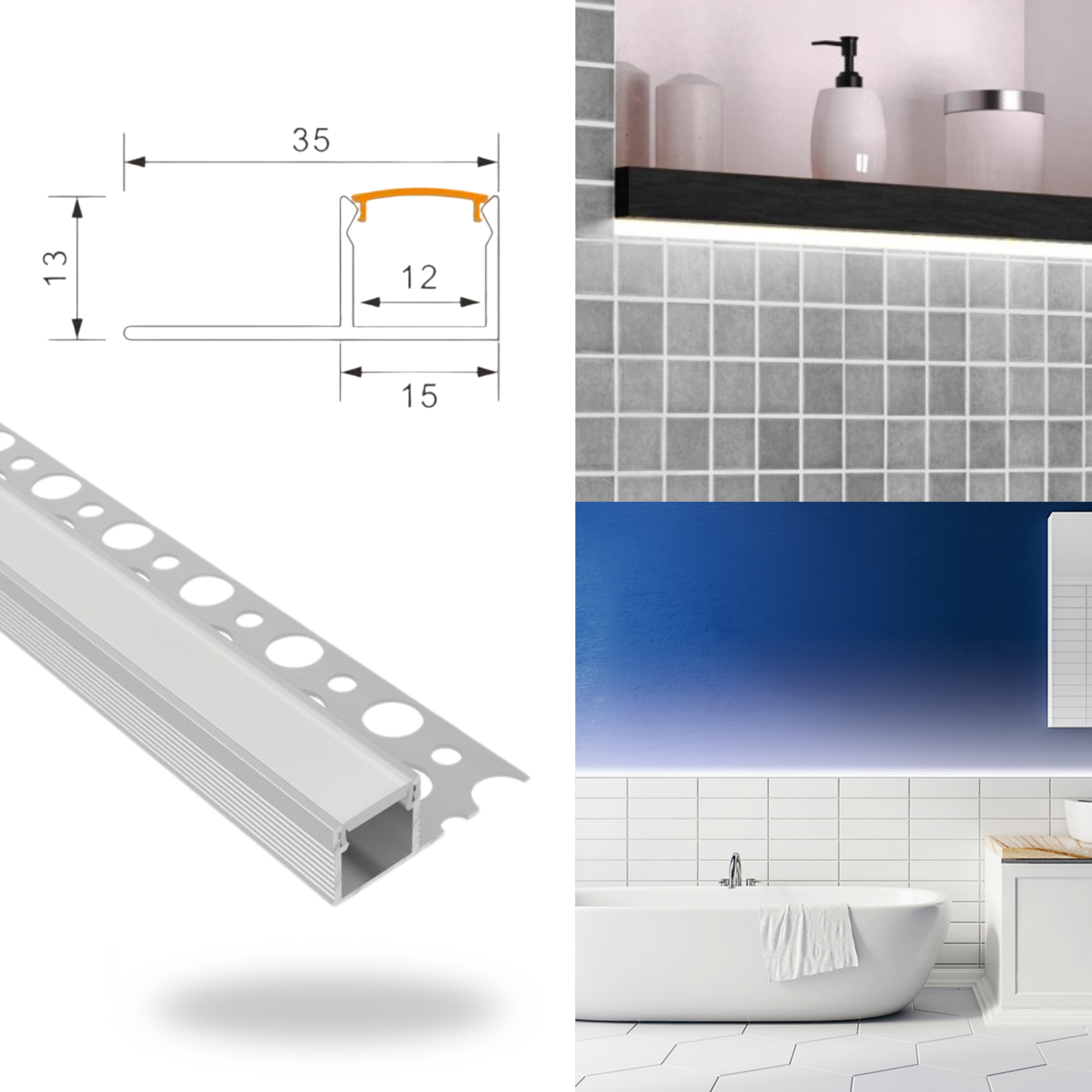Profilo Per Piastrelle Ceramic Line Con Canalina Per Illuminazione Led Barre 2m Incasso A Scomparsa + Cover Luce Continua (Sottomensola) - 3