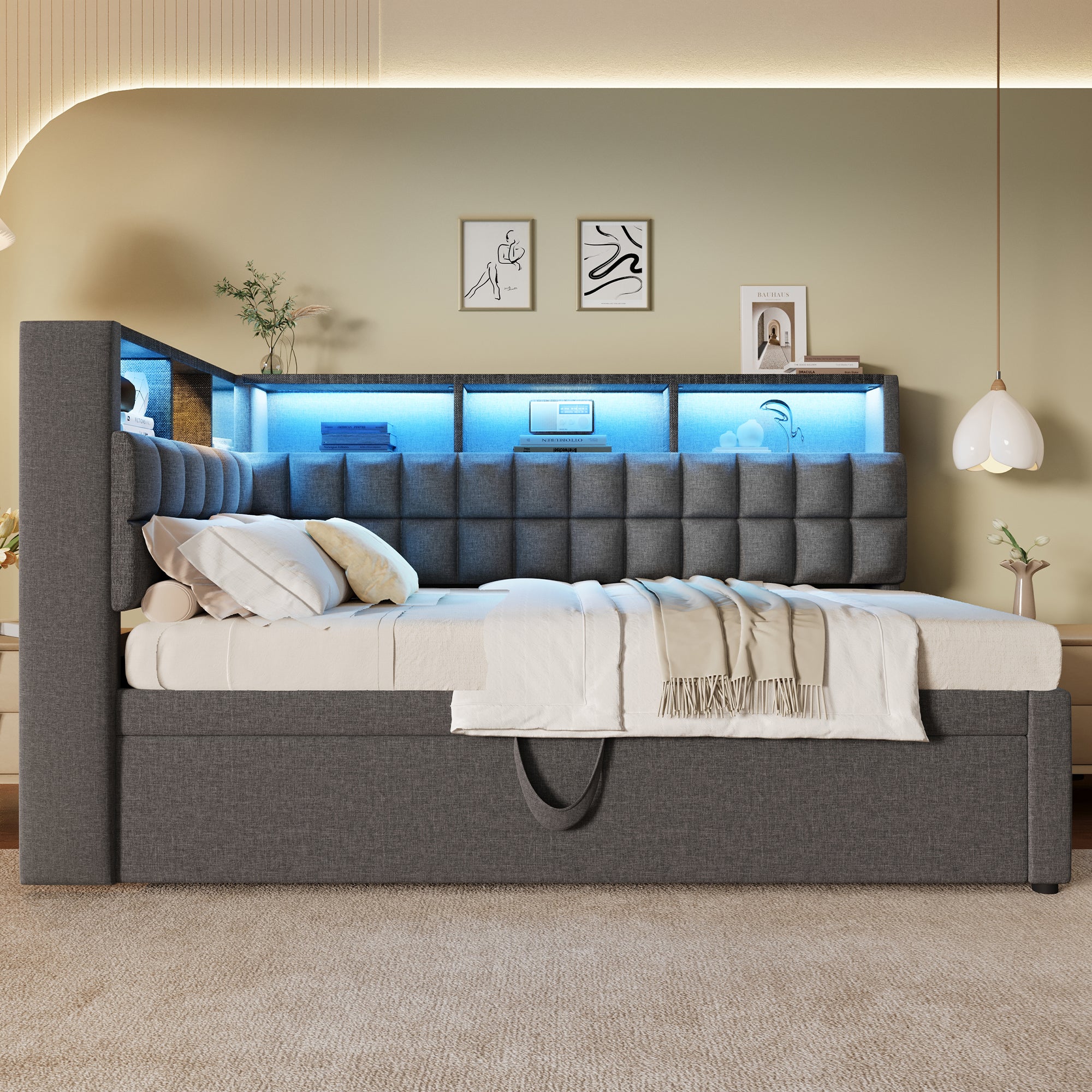 Sofa rozkładana 90x200cm - z wysuwanym łóżkiem - z oświetleniem LED - z głośnikiem Bluetooth i portem ładowania - tkanina lniana - szara - 3