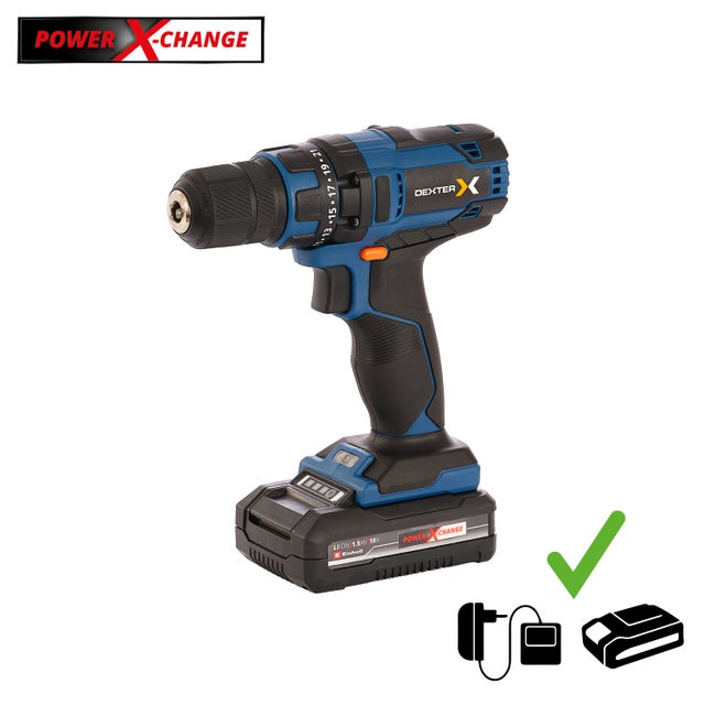 Perceuse visseuse sans fil DEXTER POWER X-CHANGE 18V - 1 batterie 1.5 Ah - Chargeur