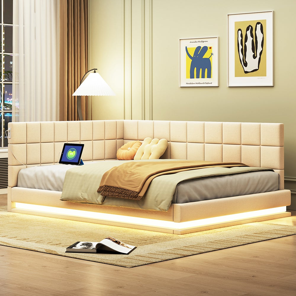 Lit Enfant Canapé-lit 140x200cm En Peluche Teddy – Avec LEDs Et Ports USB/C, Forme En L, Capacité 220kg - 3