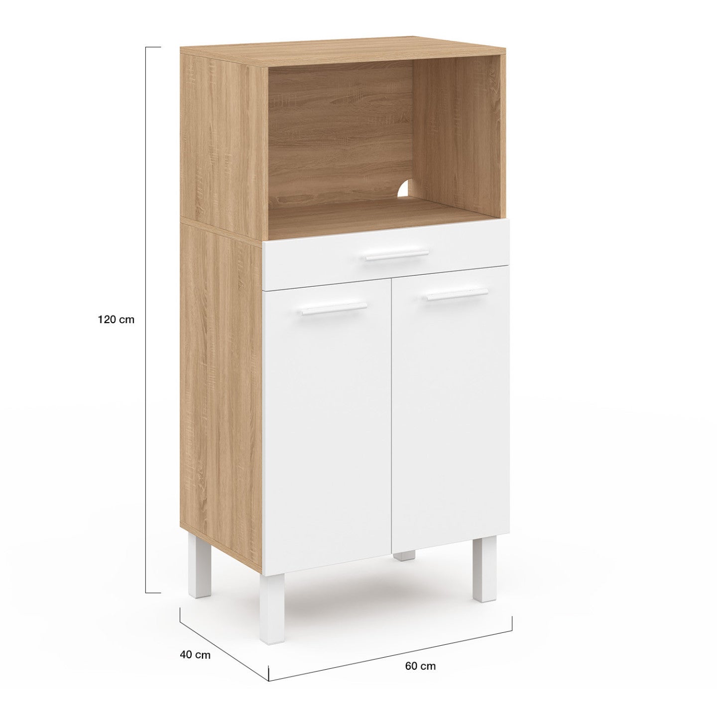 Buffet mi-haut de cuisine pour micro-onde 60 cm CINA 1 tiroir 2 portes façon hêtre et blanc - 5