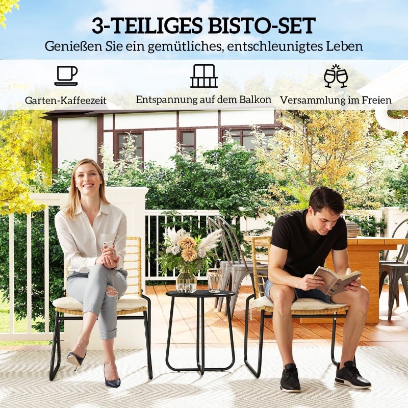 Set jardin 3 pièces rotin 2 chaises empilables + table avec coussins beige et marron – ComfortXL - COMFORTXL - 6