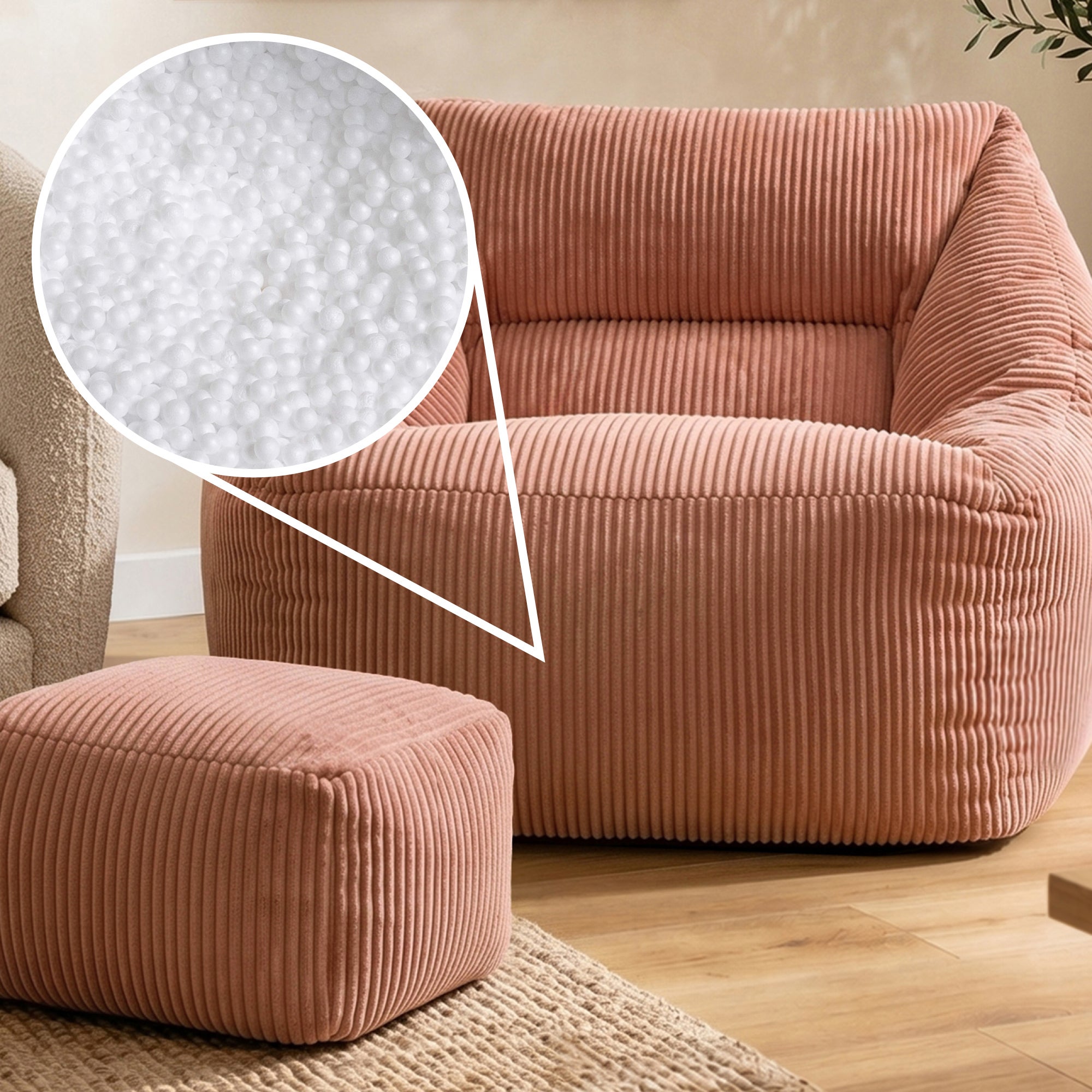 Pouf fauteuil salon avec repose-pied carré Icon velours côtelé rose aube 97x84cm Oeko-Tex® - 9