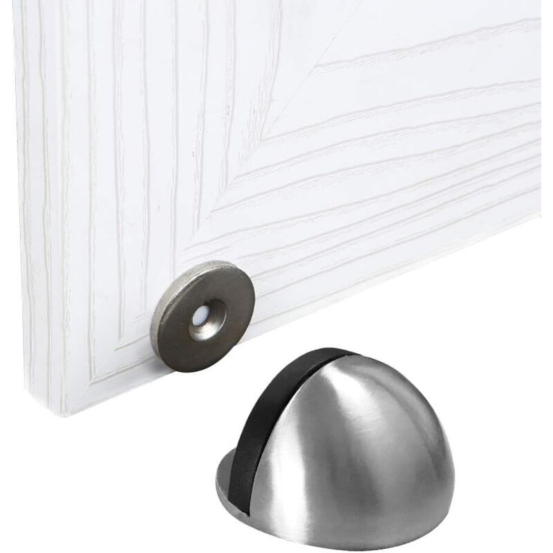 Dop magnetic de ușă, metal periat, autoadeziv, fără găurire, cu bară de protecție din cauciuc (argintiu)