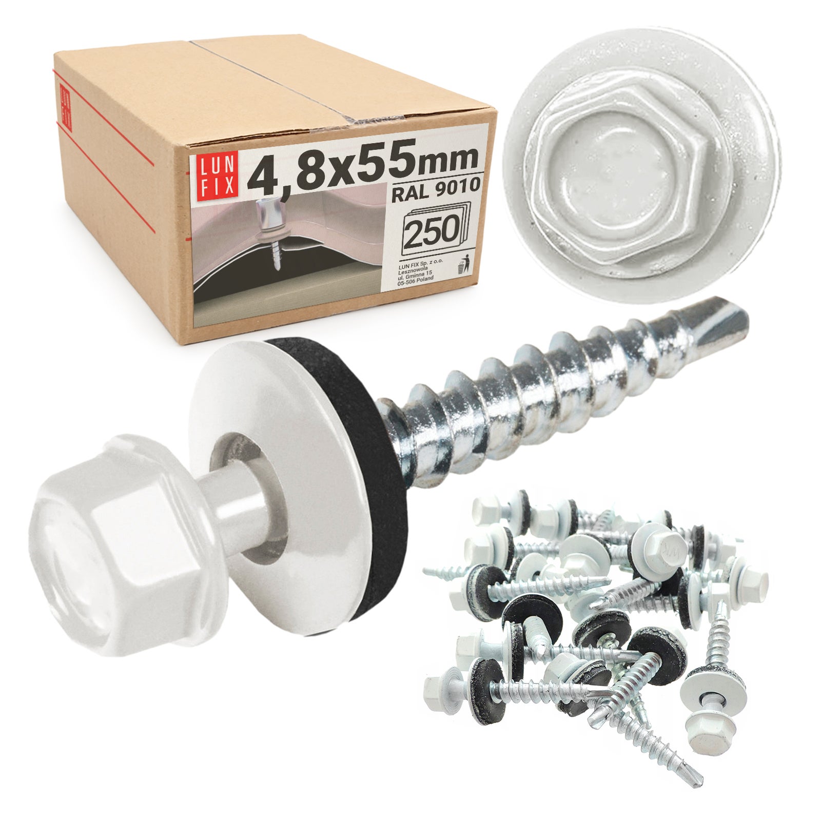 Blachowkręty wkręty farmerskie 4,8x55mm RAL910 biały ciepły 250szt.