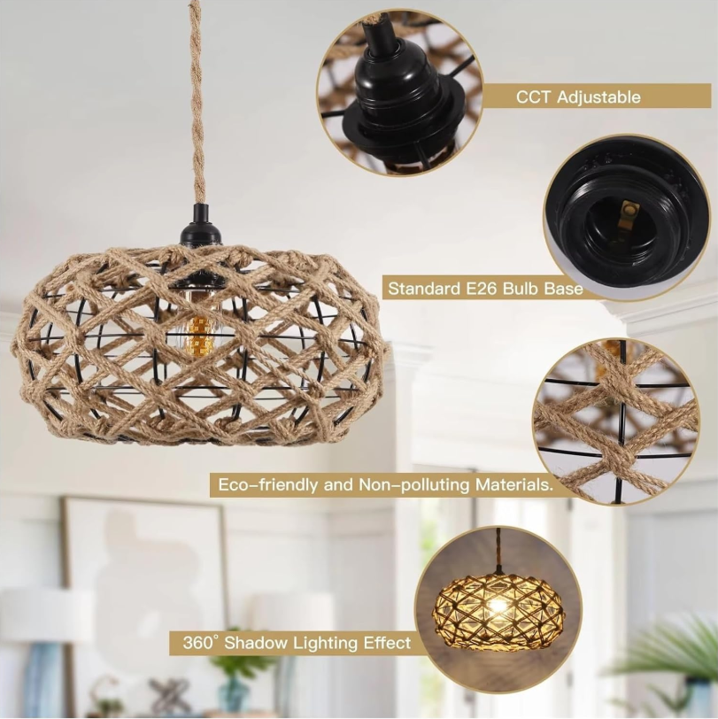 COMELY Suspension Rotin Bohème E27, Luminaire Suspension Rotin Tressé Hauteur Réglable, Lampe Suspension Naturelle pour Salon Chambre Salle à Manger - 6