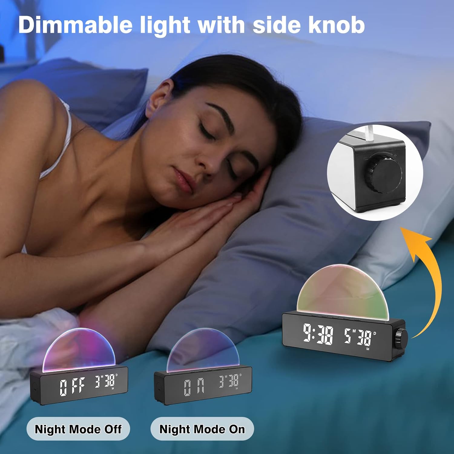 Réveil lumineux avec 10 modes de couleur, horloge numérique LED avec date/température, port de chargement USB, fonctions snooze et mode nuit (noir) - 4
