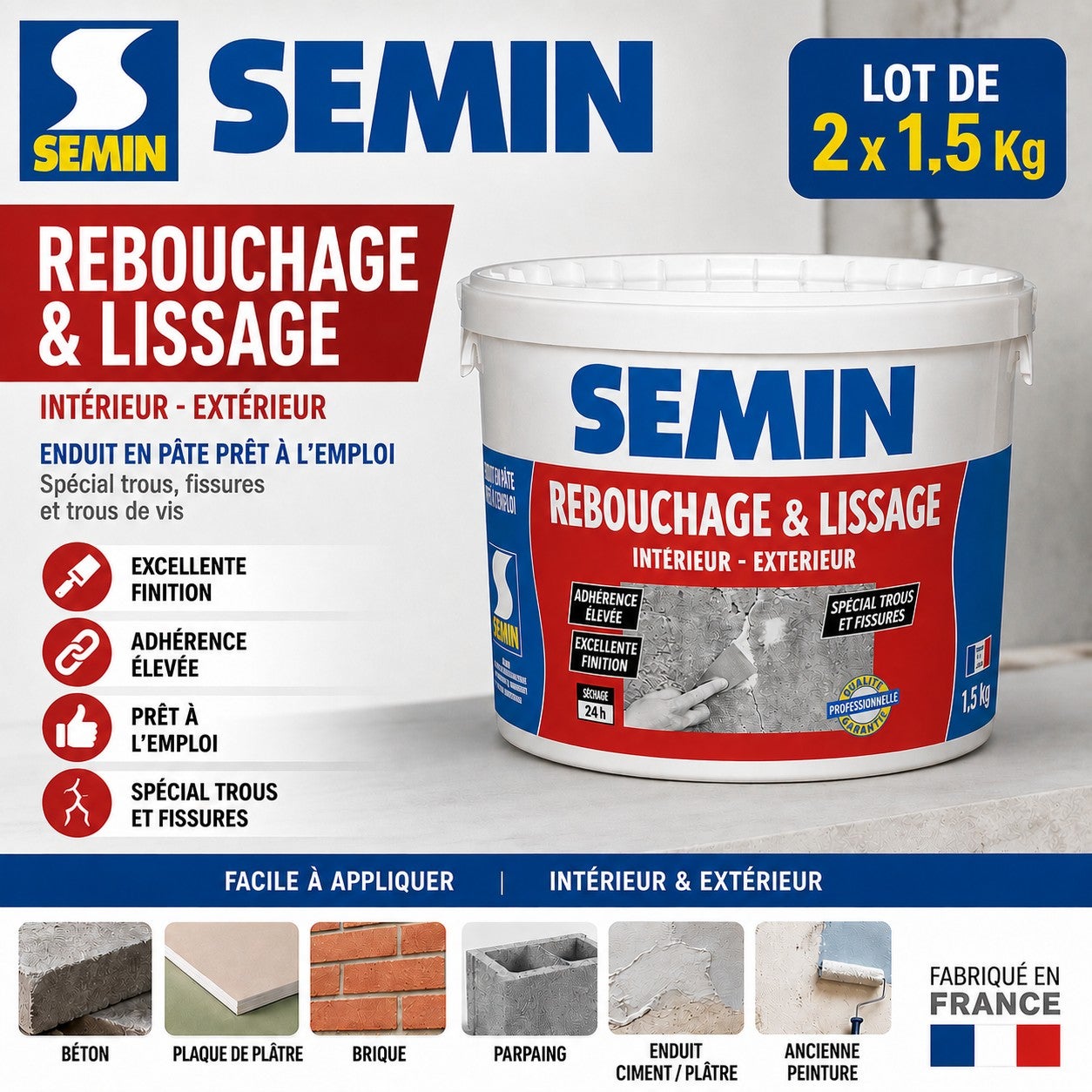 Lot de 2 enduits de rebouchage en pâte spécial fissures et trous de vis Semin - intérieur/extérieur - seau de 1,5 kg - 2