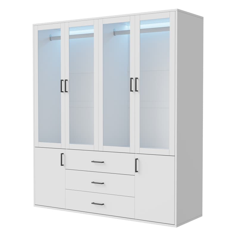 Armoire 160 cm avec 4 Portes Vitrées et 3 Tiroirs, Éclairage LED Intégré, Espace de Rangement Spacieux, Design Moderne Blanc - 7