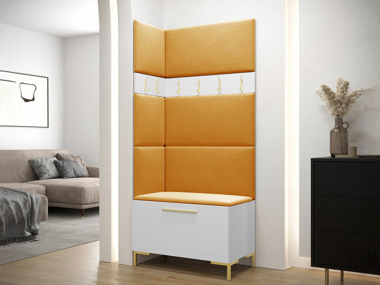 Conjunto para corredor Tivsoa 103, 196x84x46cm, Branco, Tecido, Placa de aglomerado laminado, Montado nas parede, Colocado - 2