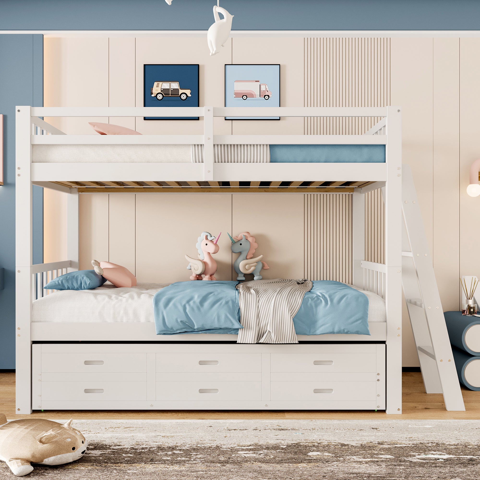 Lit superposé en bois 90 x 200 cm avec lit gigogne pour enfant, Lit mezzanine et 3 tiroirs, sommier à lattes, blanc (sans matelas) - 2