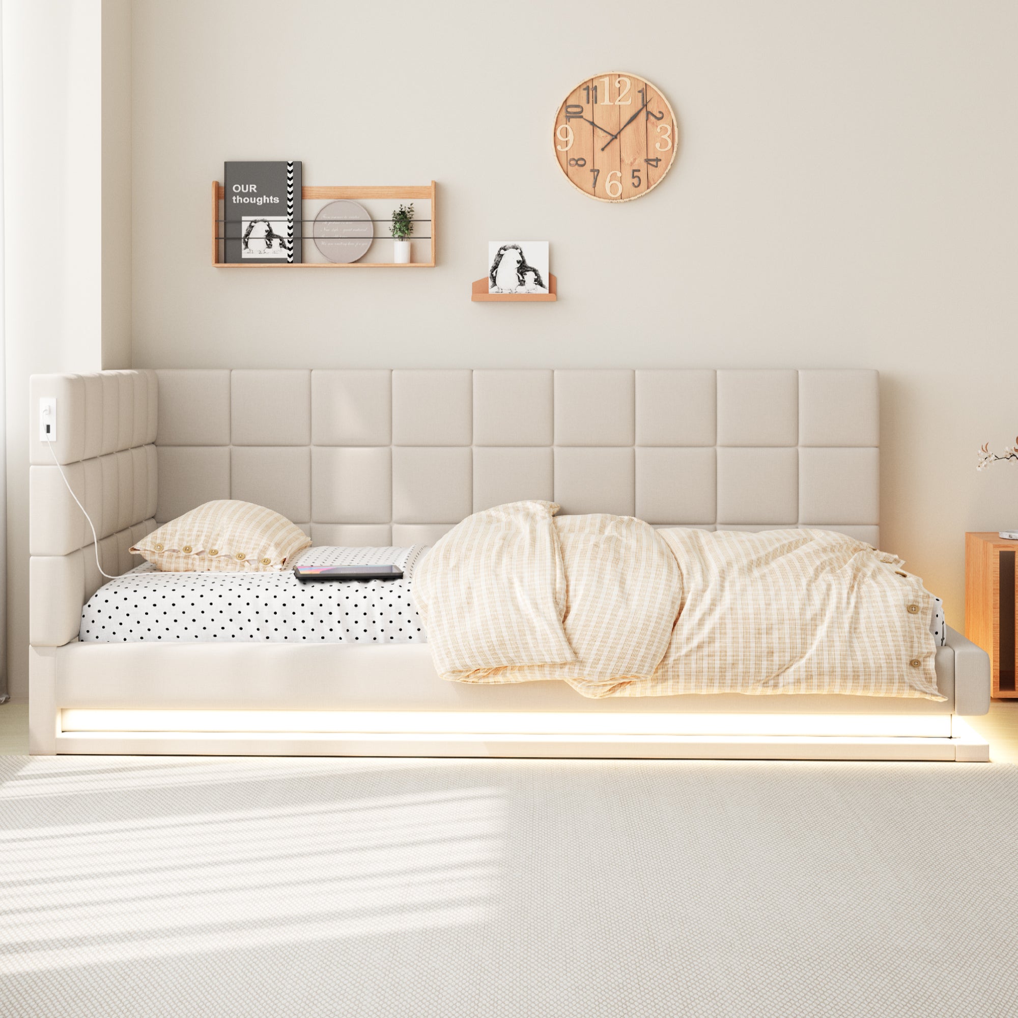 Sofa tapicerowana 90x200cm - z oświetleniem LED - z wtyczką USB - tkanina aksamitna - beżowa