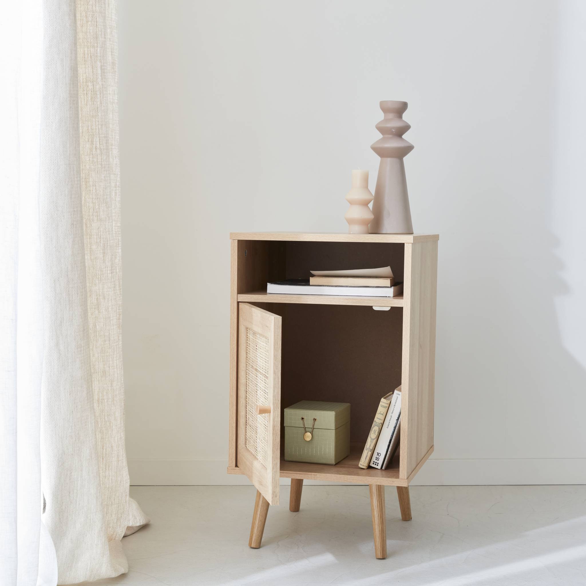 Lot de 2 tables de chevet en cannage - Bohème - 40x39x70cm Naturel - 2 niveaux - 1 portes - 1 espace de rangement - pieds scandinaves - 5