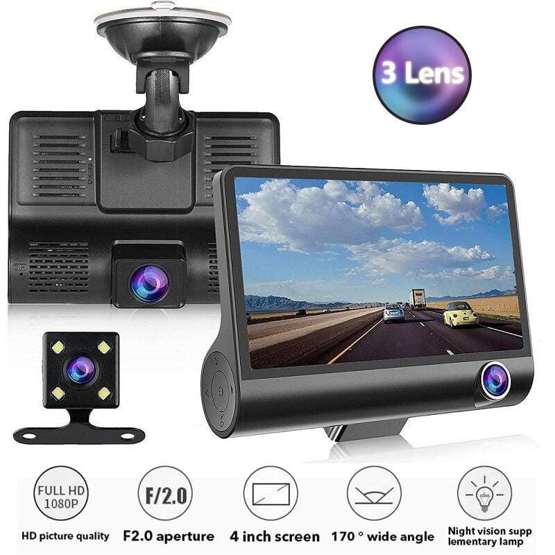 Dashcam para coche 3 cámaras, Full HD, 1080P, doble lente, pantalla LCD de 4.0 pulgadas, con visión trasera de 170 grados | Leroy Merlin