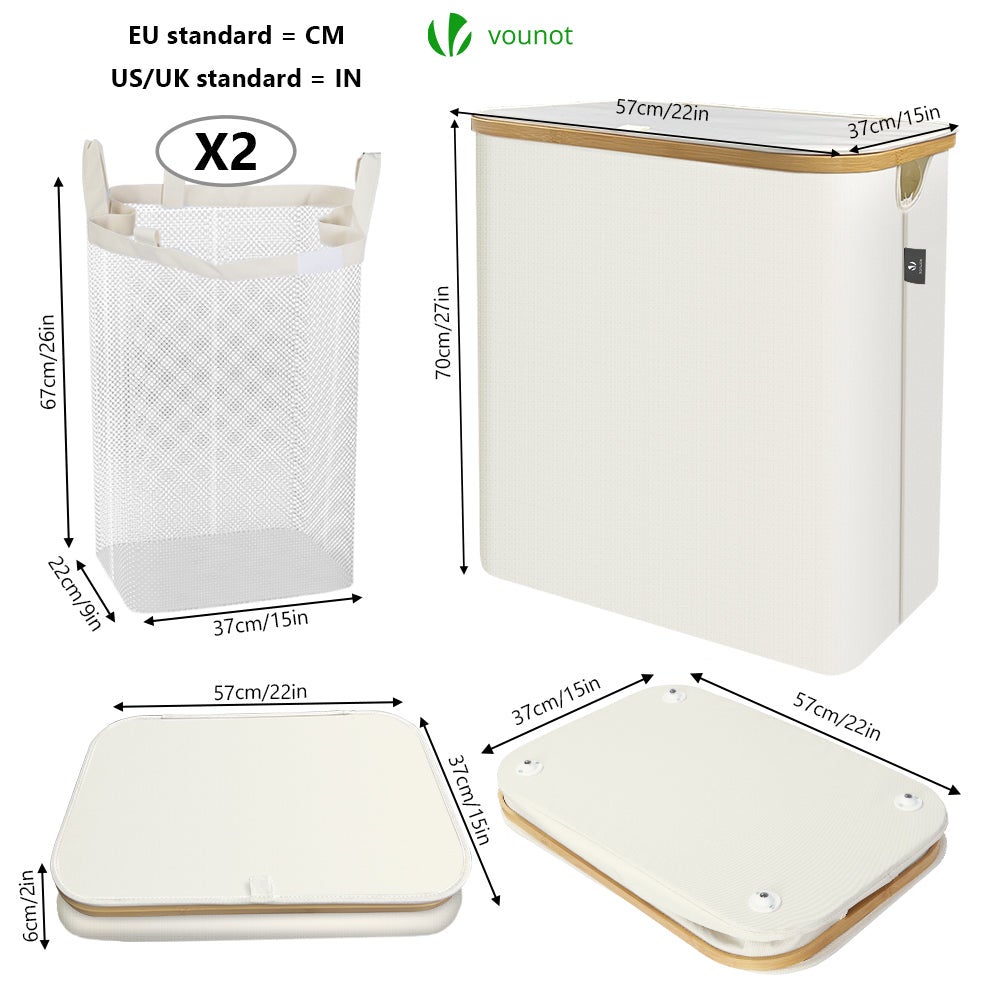 Panier à linge pliable avec roulettes 145L - avec 2 sac amovible et couvercle - cadre en bambou - beige - VOUNOT® - 5