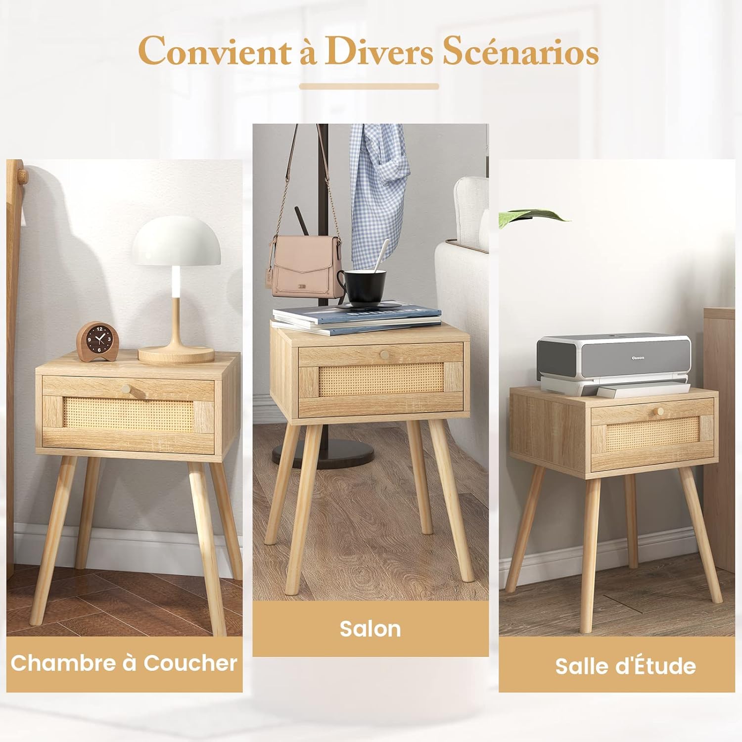 Table de Chevet Cannage en Rotin, Table de Nuit avec Tiroir, 4 Pieds en Pin, 40 x 40 x 55 cm, Table d'Appoint pour Chambre, Salon - 6