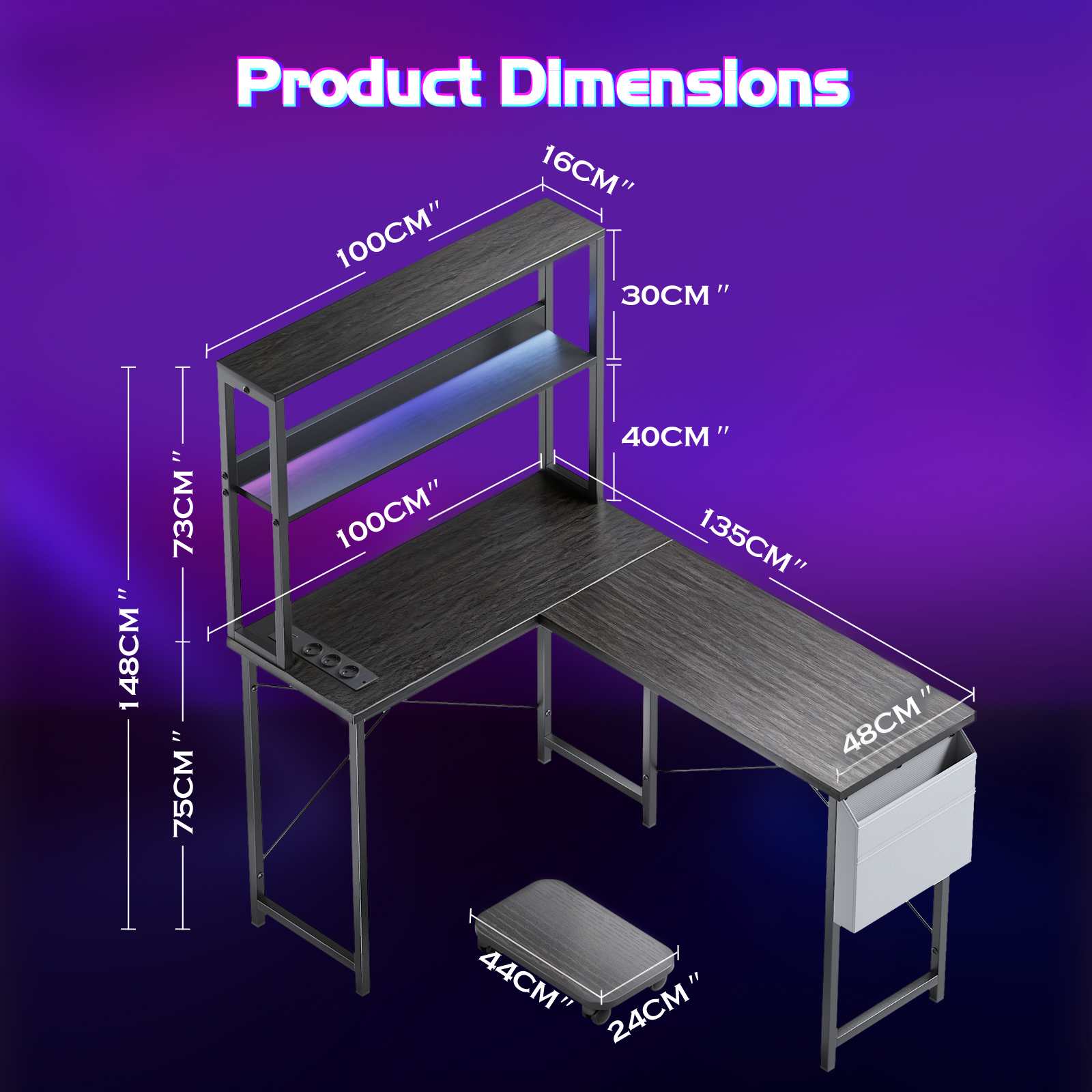 Bureau Gaming L-Forme 148cm avec LED, 3 Prises AC + 2 Ports USB, Étagères à Double Niveau, Réversible - 2