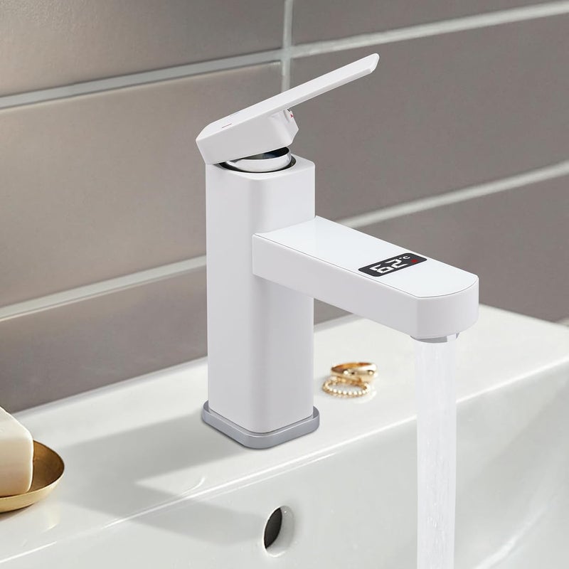 Bateria umywalkowa G1/2 – bateria mieszaczowa z wyświetlaczem temperatury LED, biała, idealna do łazienki