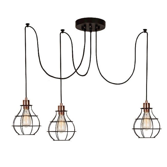 Homemania Pendelleuchte Wire-Fall – Industriestil, Kupfer & Schwarz, 3x E27, 180 Cm Lang
