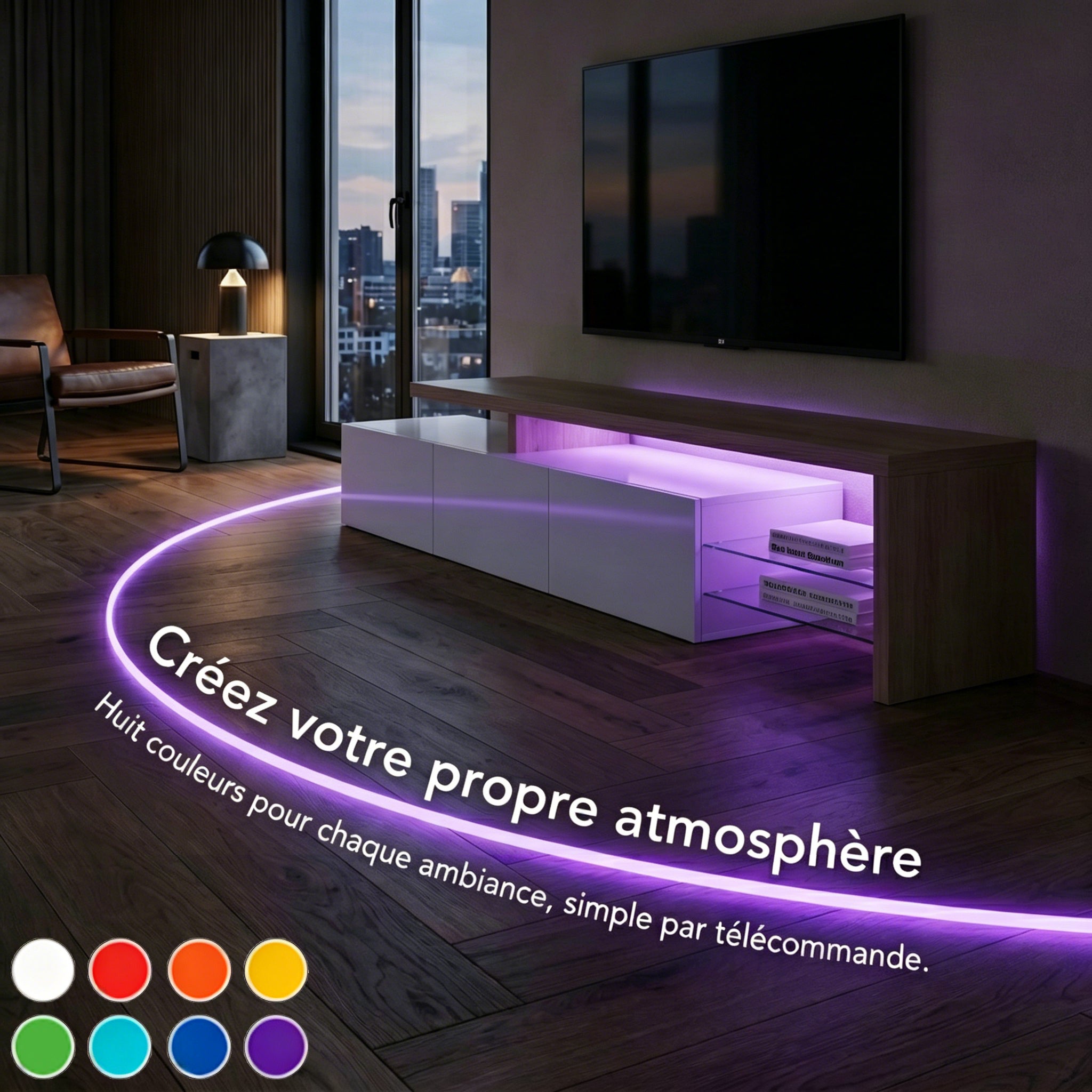 Meuble TV 200 cm, Support pour Téléviseur 75 Pouces, lumières LED variables, design 3 portes, étagères verre, Cadre en Bois, 200x39x42 cm - Blanc - 3