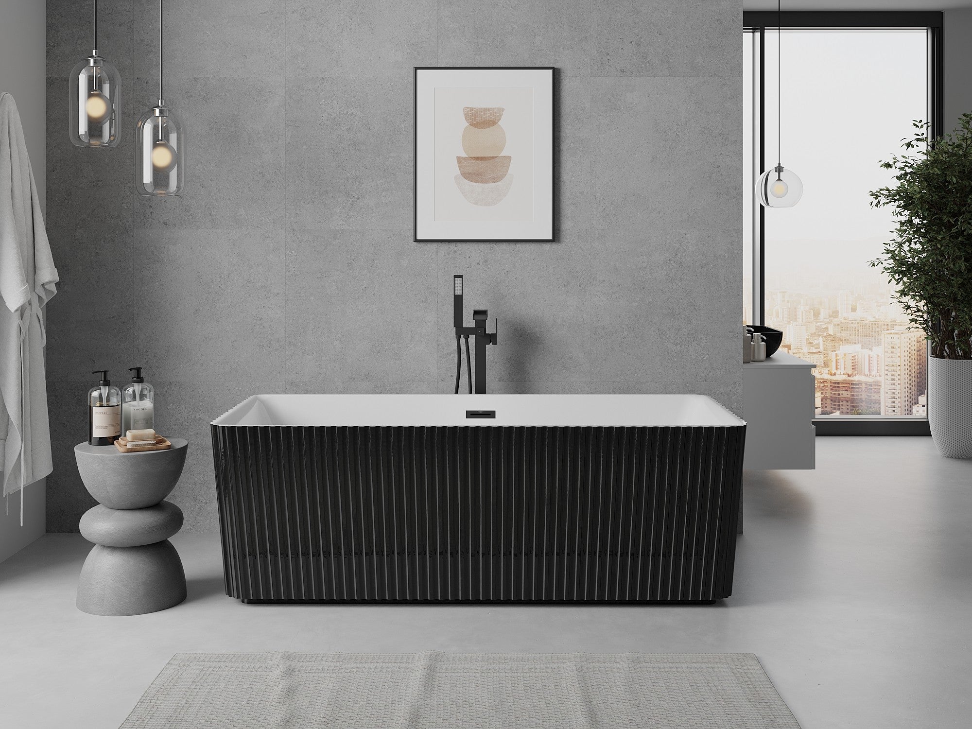 Mexen Nila bañera independiente acanalada 170 x 75 cm, blanca/negra, rebosadero negro - 52841708075-70 - 3