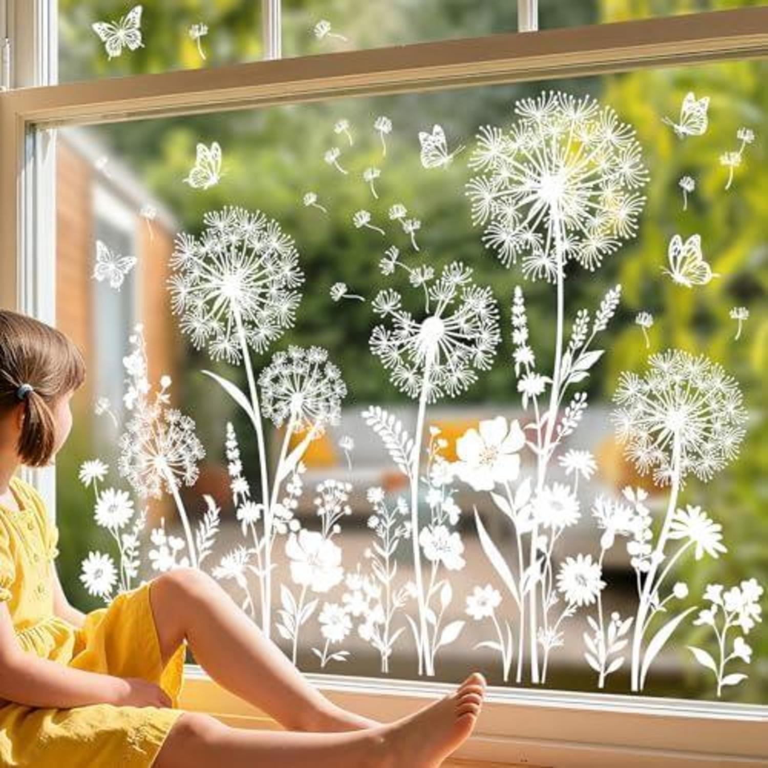 Sticker fenêtre Pissenlit blanc papillon PVC statique réutilisable 9 ...