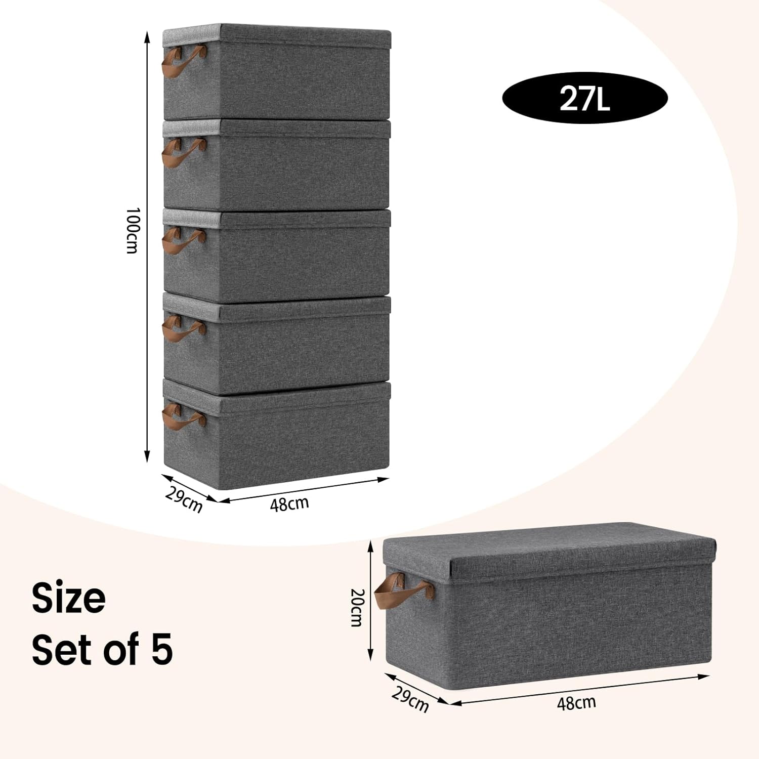 WOLTU Boîte de Rangement avec Couvercle，Lot de 6，Caisse Rangement Pliable，48x29x20cm，Coffre de Rangement en Tissu non Tissé，Gris - 4
