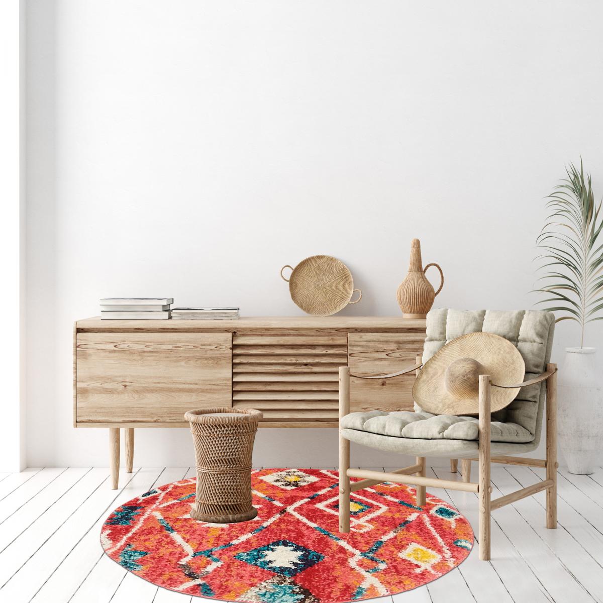 Tapis berbère rond Ø160cm tissé motifs tribaux LYN5 OURIKA B bleu et jaune - 5