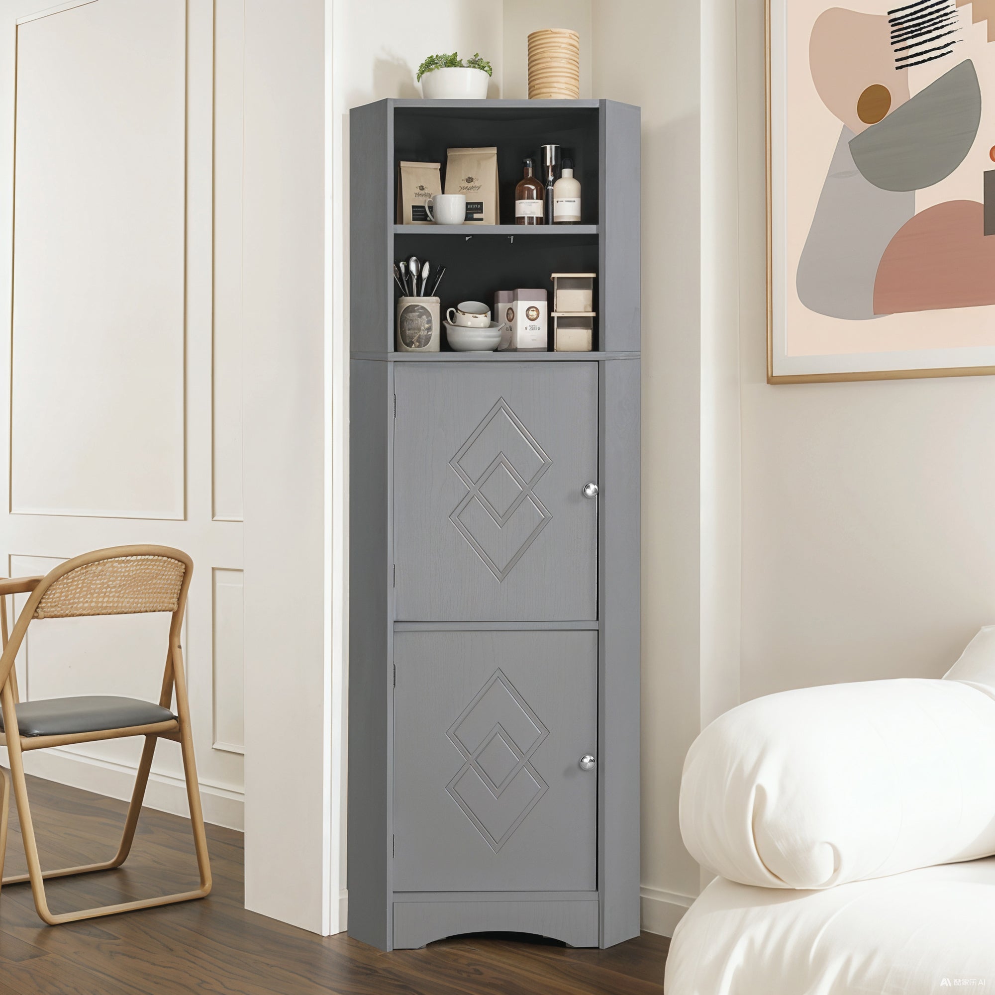 Szafka narożna łazienkowa - 2 drzwi i 2 regulowane półki - Płyta wiórowa - 36,5 x 36,5 x 155 cm - Jasnoszary