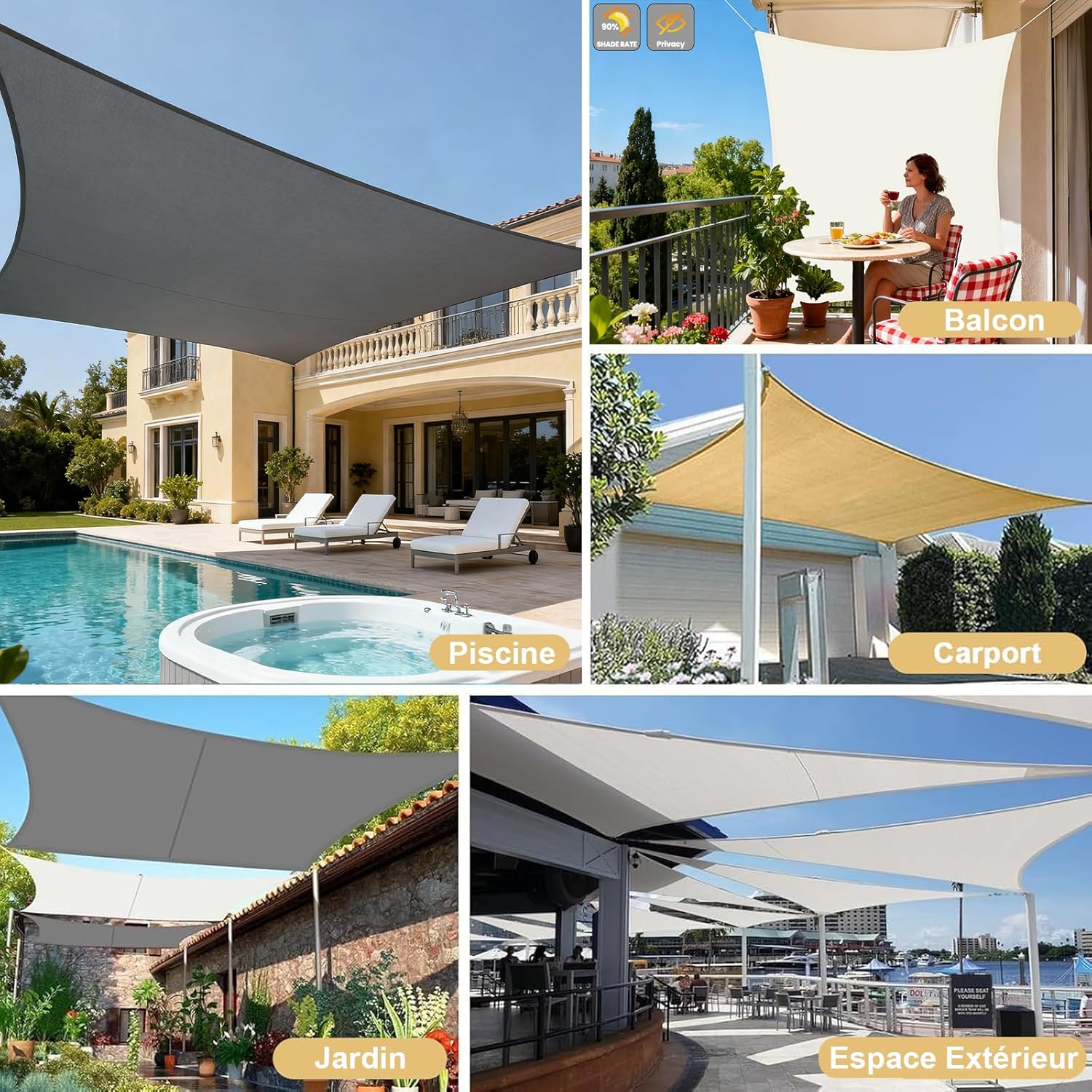 Toldo rectangular impermeable de 3x4 m, tela de sombra PES color crema con 95% de protección UV para patio y jardín. - 6