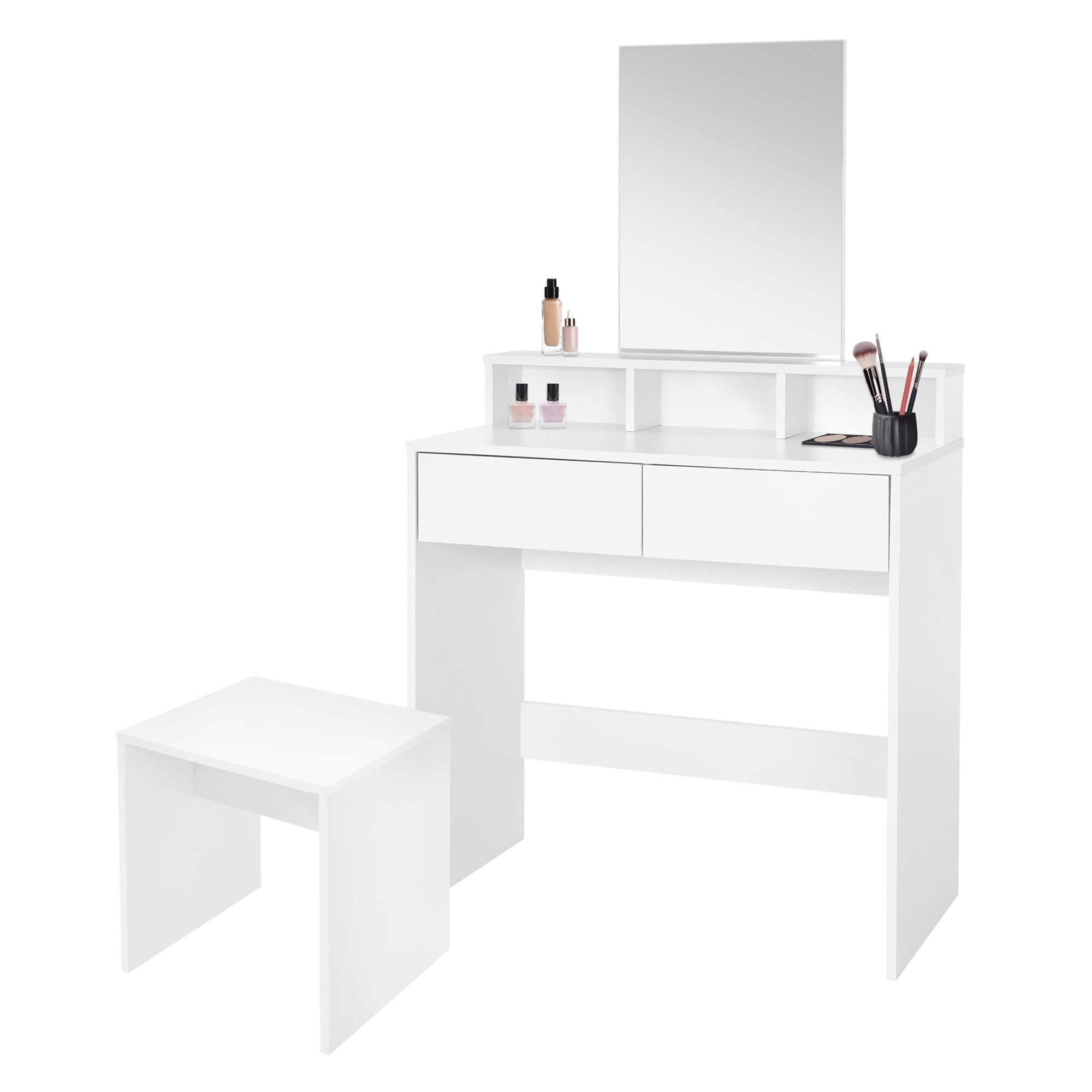 ML-Design Toaletka ze stolkiem, toaletka z lustrem i 2 szufladami, 80x40x140 cm, biala, nowoczesna toaletka z 3 otwartymi przegrodami, toaletka