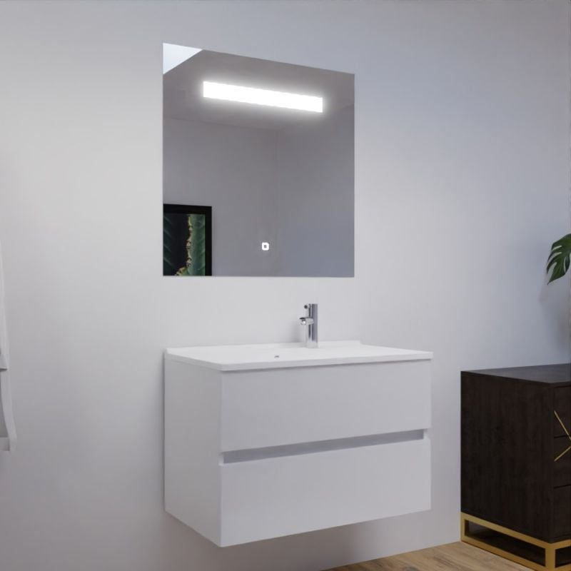 Meuble salle de bain 80 cm ROSALY avec plan vasque et miroir Elégance ht80- Blanc- Plan vasque en Résine - 7