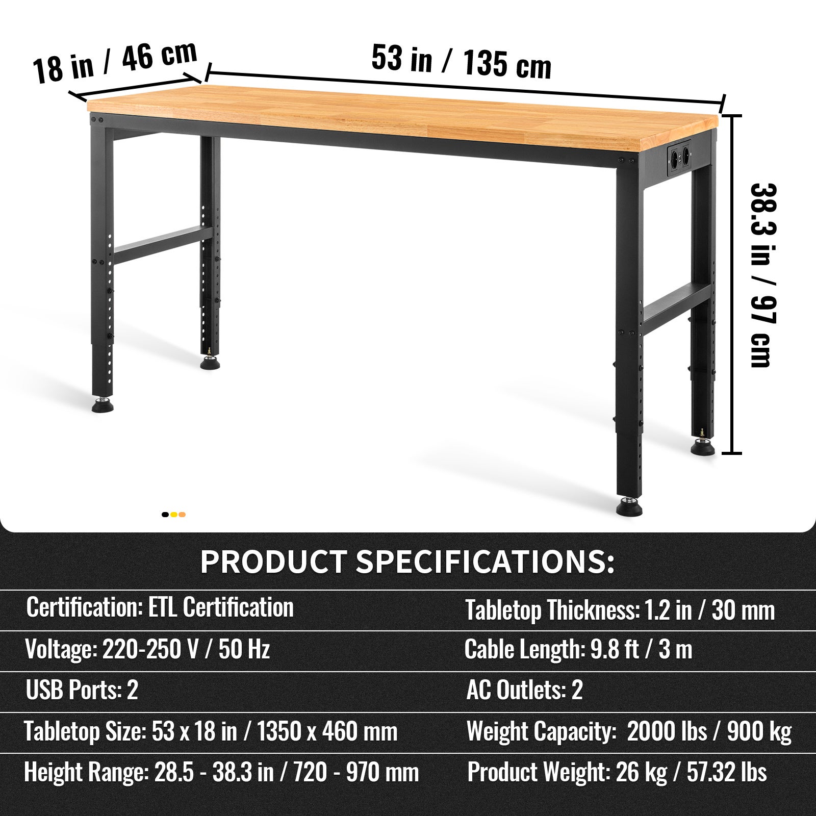 Banco de trabalho 135x46x97 cm,SucceBuy Altura ajustável,Banco funcional com tomadas de corrente - 9