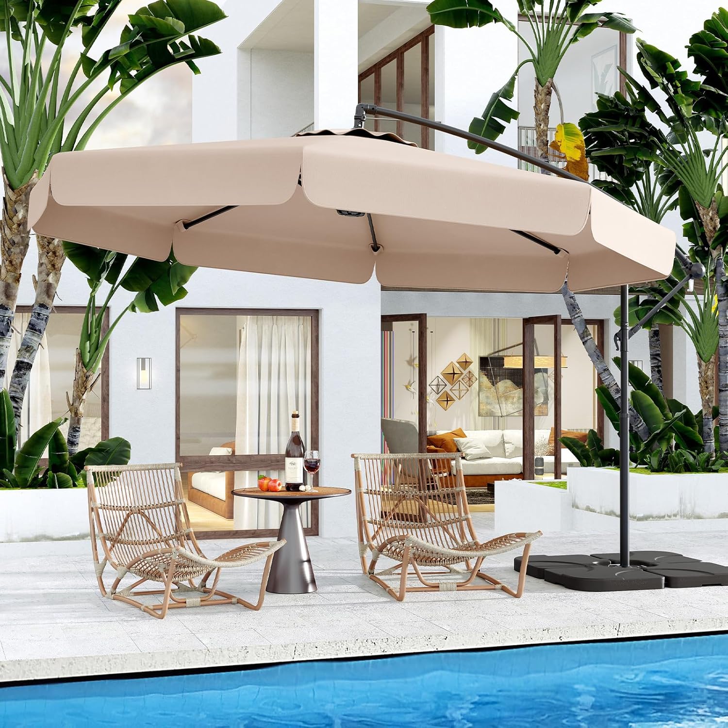 Parasol Déporté 3x3m avec Housse, Grand Parasol de Jardin Exterieur,8 Baleines et Base Croisée, Parasol Inclinable Suspendu avec Manivelle(Beige) - 9