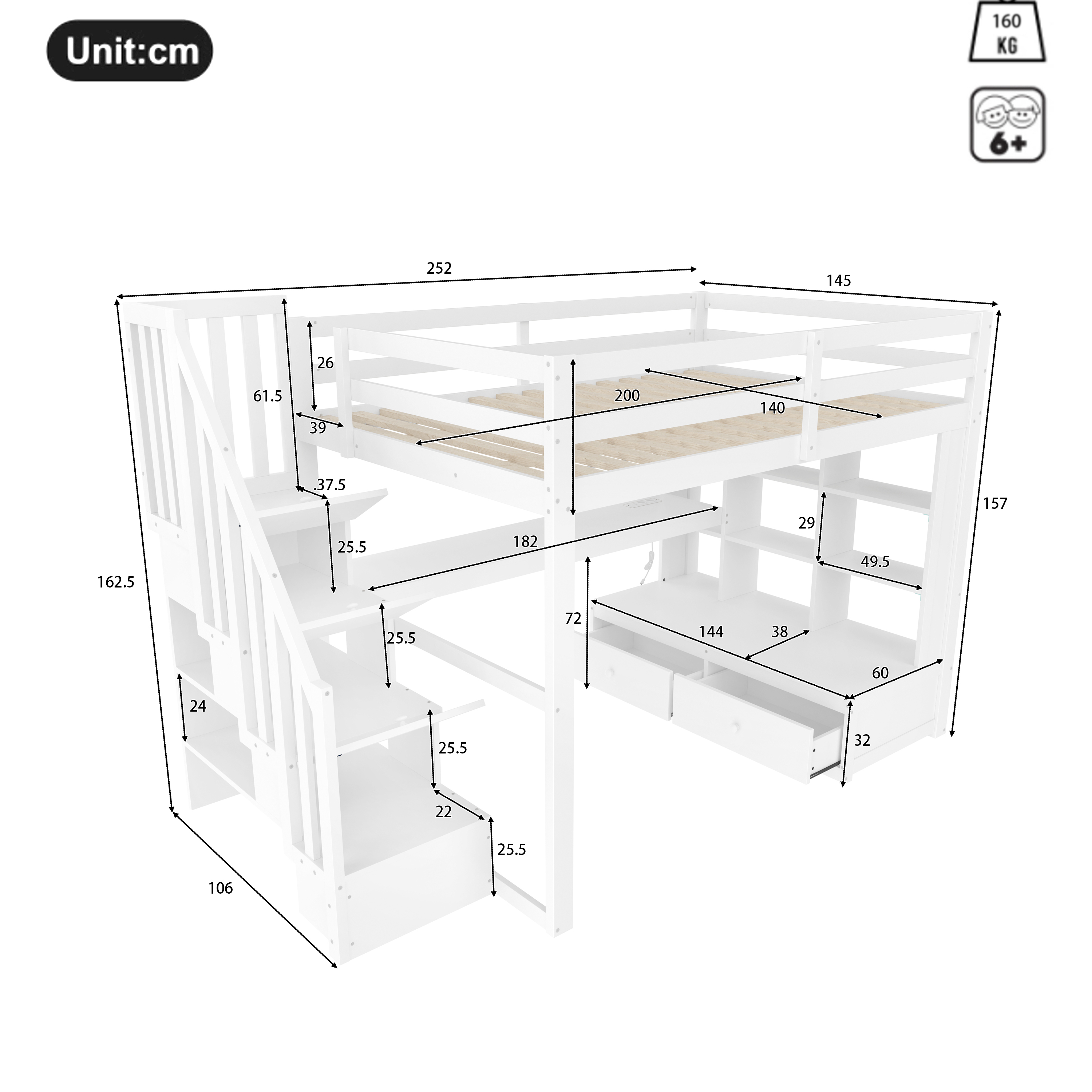 Lit Mezzanine enfant 2 place 140x200 cm, lit superposé en bois avec bureau intégré - escalier de rangement - 2 Grands Tiroirs - Éclairage LED, Blanc - 3
