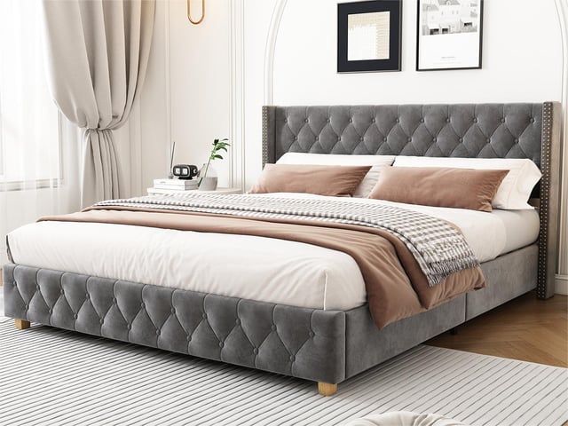 Letto adulto imbottito in velluto - 160x200 cm - con rete a doghe - Grigio