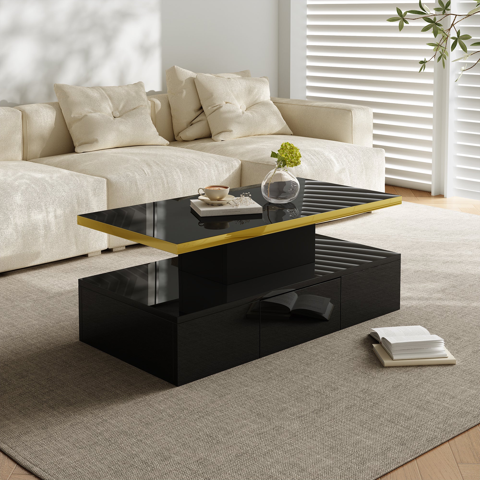 Mesa de centro - 1 cajón y 2 estantes - tablero de partículas - LED - negro brillante - 4