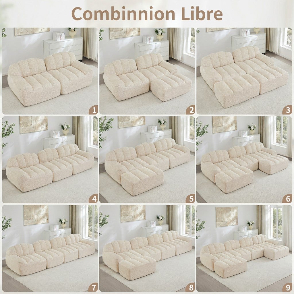 Canapé Modulable 3 Places en L avec Pouf, Canapé Sans Cadre en Mousse 32D, Assise Profonde, Salon, Tissu Velours Côtelé, Beige Blanc - 8