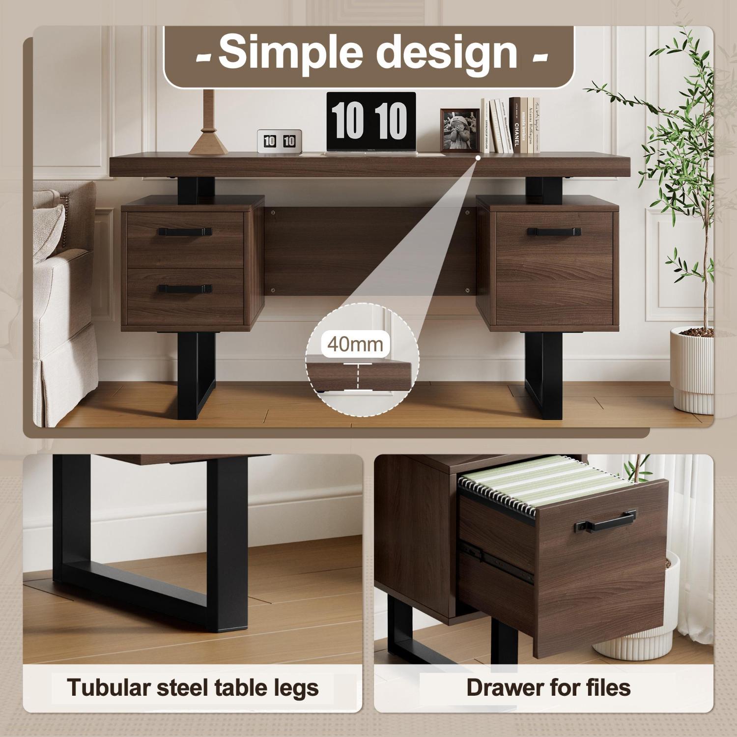 Bureau d'ordinateur 135x54 cm en MDF et acier, 2 tiroirs silencieux, rangement dossiers, plateau épais - 6