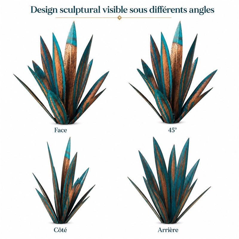 Agave décoratif en métal, sculpture de jardin rustique effet patiné bleu turquoise et cuivre, pour terrasse et extérieur, 55 x 10,5 x 10,5 cm - 8
