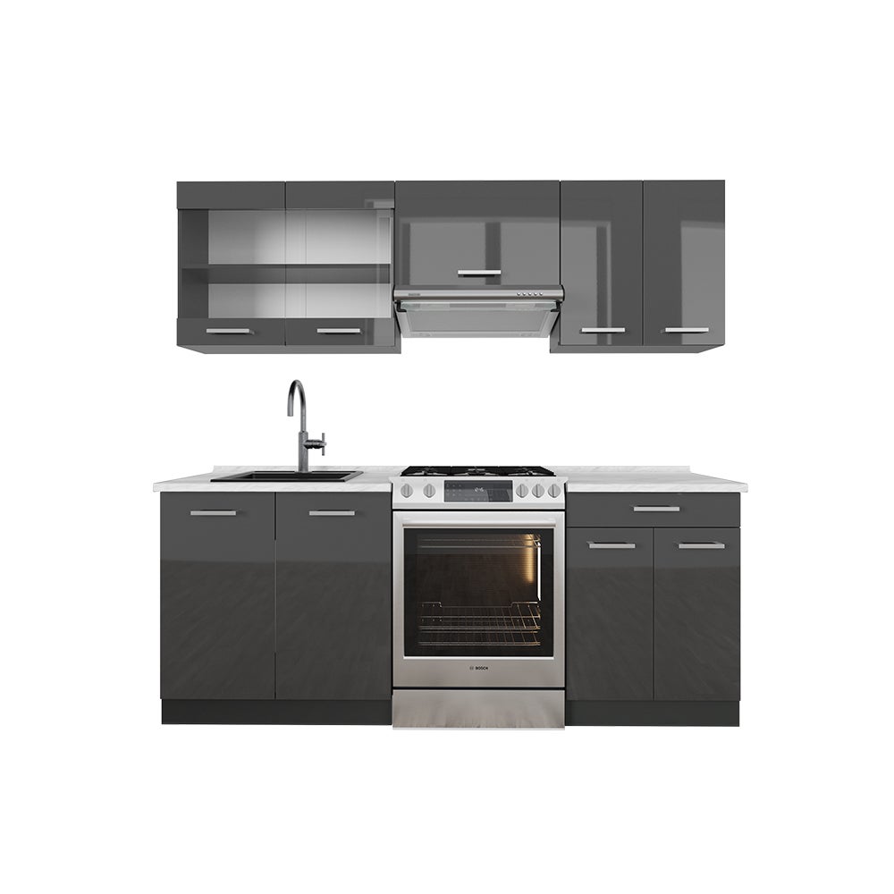 Vicco Cuisine R-Line, Anthracite Maison De Campagne/blanc, 300cm Avec Armoire Haute Pt Marbre 93186536