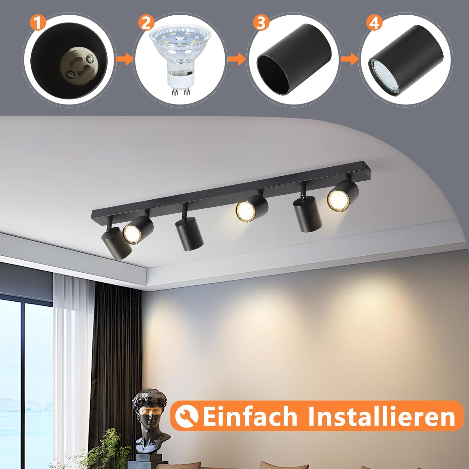NETTLIFE Focos Iluminação de Teto LED 6 Luzes Pretos GU10 Ajustáveis 330° Sem Lâmpada para Sala de Estar Quarto Cozinha - 5