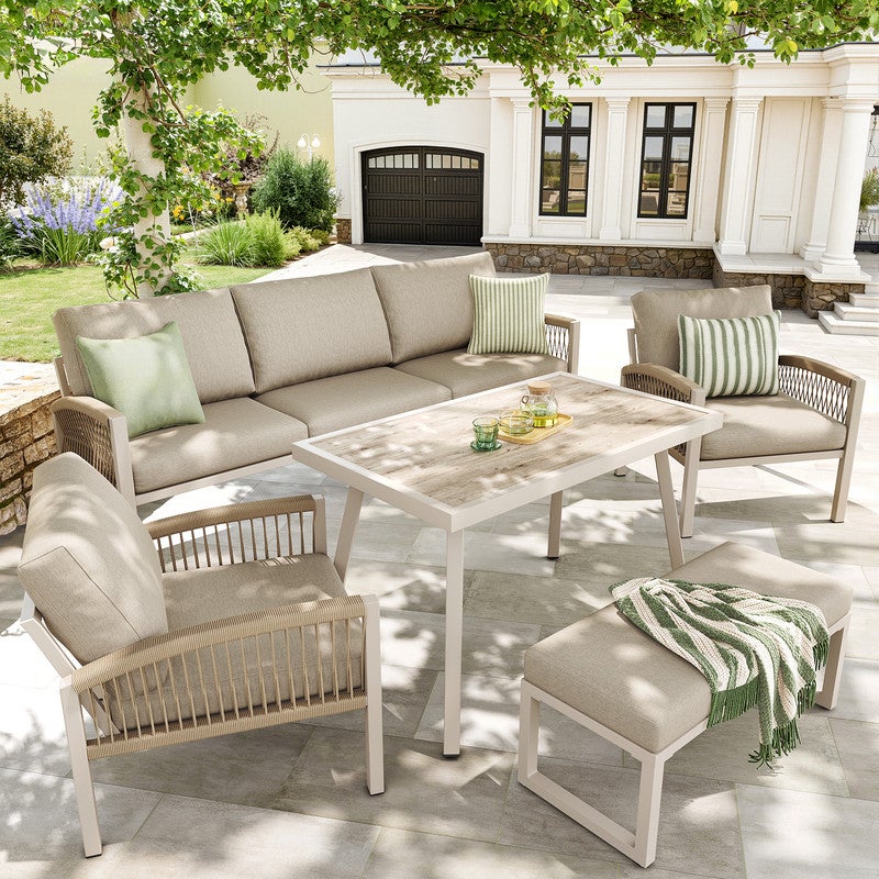 Canapé de Jardin Tressé Main pour 7 Personnes, Canapé d'angle avec Table, 2 Fauteuils et Banc, Structure Acier Galvanisé, Housse Détachable, Beige - 2